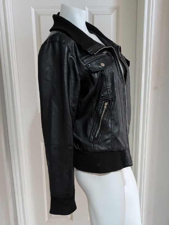 VTG Beverly Hills Polo Club Black Faux Leather Bomber Jacket w/ Zip Pockets XL