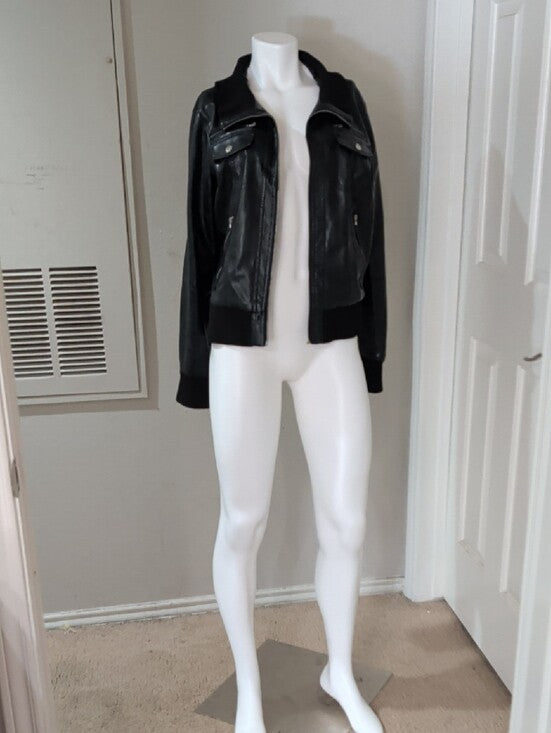 VTG Beverly Hills Polo Club Black Faux Leather Bomber Jacket w/ Zip Pockets XL