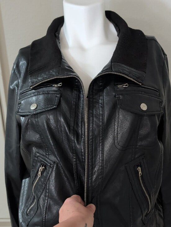 VTG Beverly Hills Polo Club Black Faux Leather Bomber Jacket w/ Zip Pockets XL