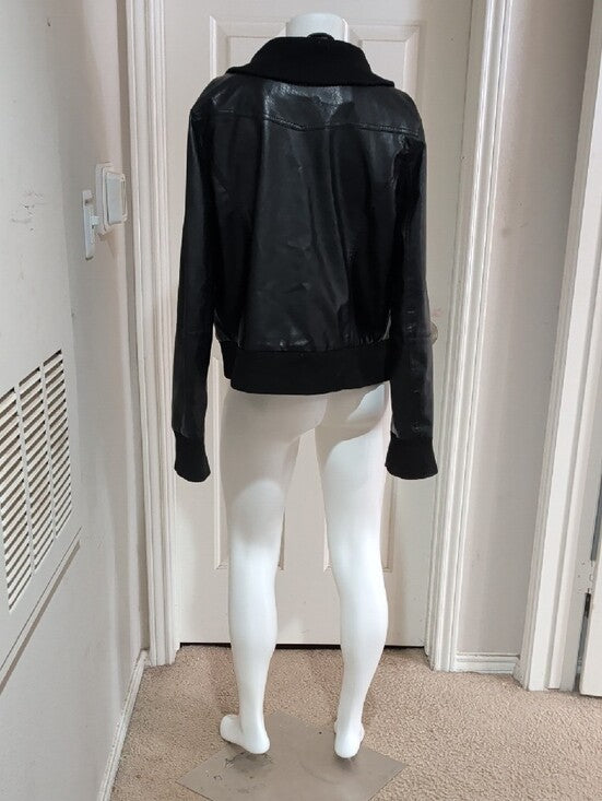 VTG Beverly Hills Polo Club Black Faux Leather Bomber Jacket w/ Zip Pockets XL