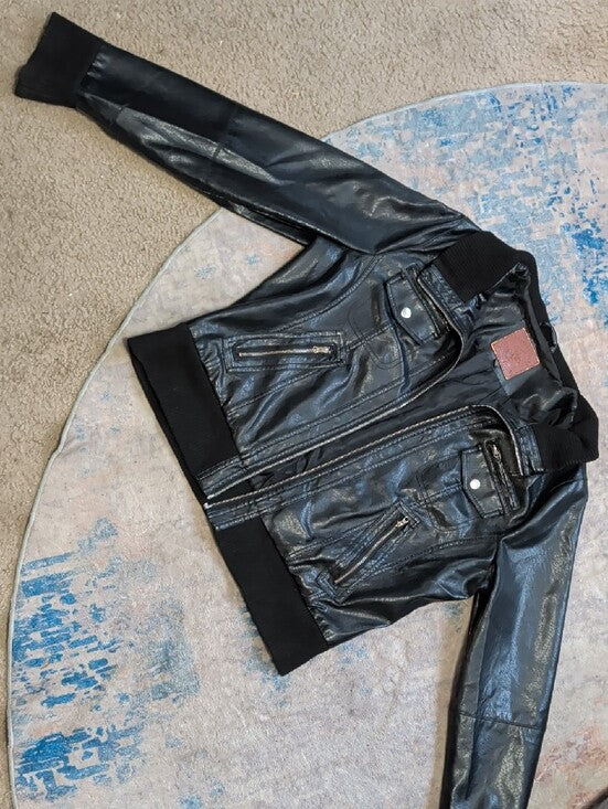 VTG Beverly Hills Polo Club Black Faux Leather Bomber Jacket w/ Zip Pockets XL