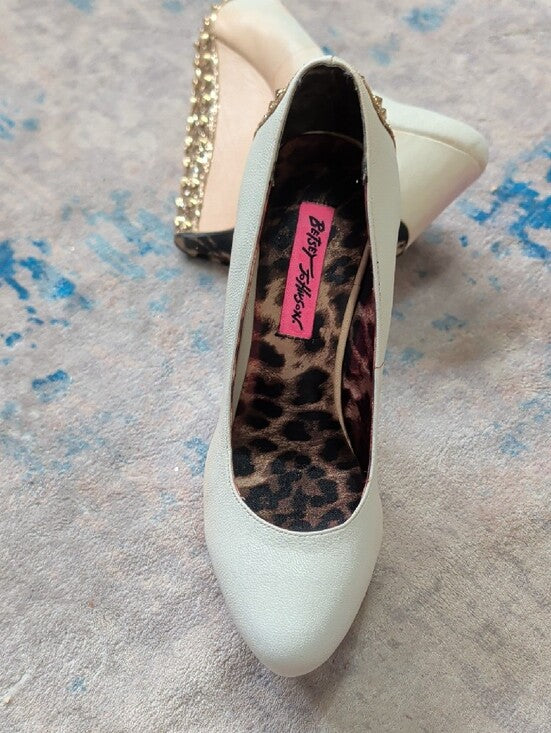 Betsey Johnson Ivory Platform Wedge Pumps w Gold Crystal Heel Accent Women's 6.5