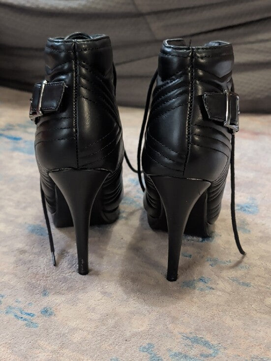 Retro Papaya Women's Black Lace-Up High Heel Ankle Boot w/ Buckle Sz 7 90s Y2K