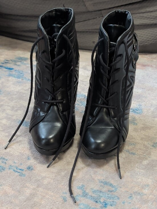 Retro Papaya Women's Black Lace-Up High Heel Ankle Boot w/ Buckle Sz 7 90s Y2K