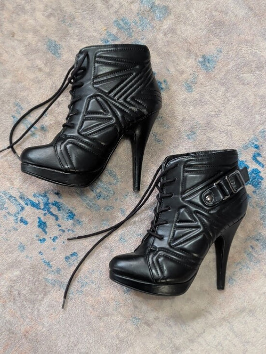 Retro Papaya Women's Black Lace-Up High Heel Ankle Boot w/ Buckle Sz 7 90s Y2K