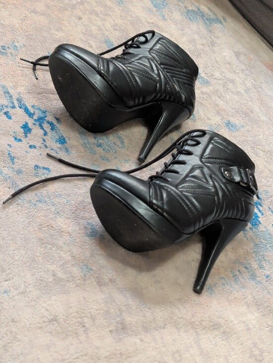 Retro Papaya Women's Black Lace-Up High Heel Ankle Boot w/ Buckle Sz 7 90s Y2K
