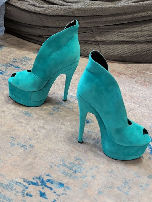 FSJ Shoes Teal Vegan Suede Keyhole Stiletto Heel Platform Pumps for Women
