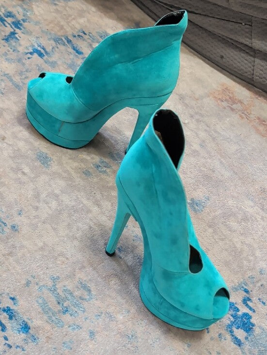FSJ Shoes Teal Vegan Suede Keyhole Stiletto Heel Platform Pumps for Women