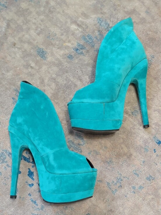FSJ Shoes Teal Vegan Suede Keyhole Stiletto Heel Platform Pumps for Women