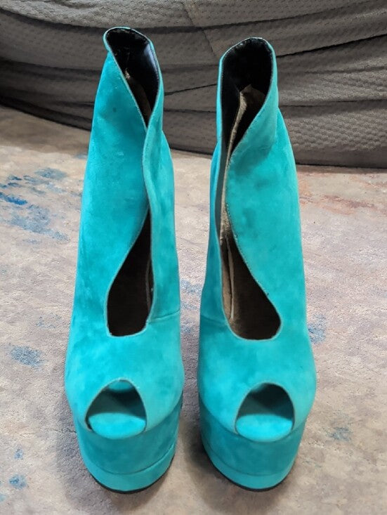 FSJ Shoes Teal Vegan Suede Keyhole Stiletto Heel Platform Pumps for Women