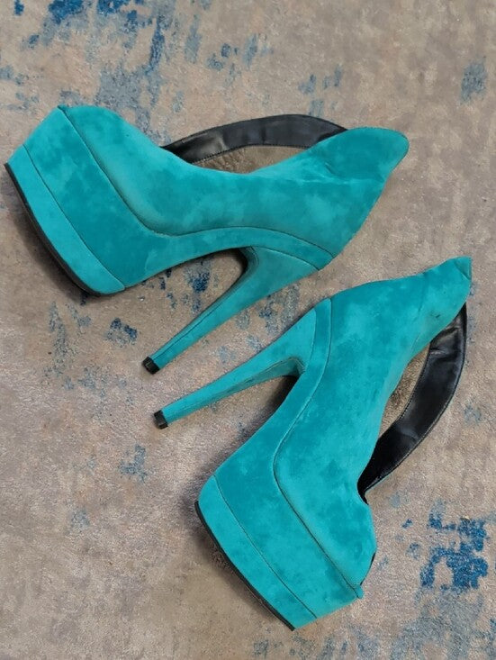 FSJ Shoes Teal Vegan Suede Keyhole Stiletto Heel Platform Pumps for Women