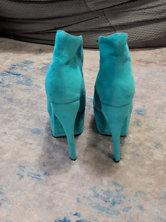 FSJ Shoes Teal Vegan Suede Keyhole Stiletto Heel Platform Pumps for Women