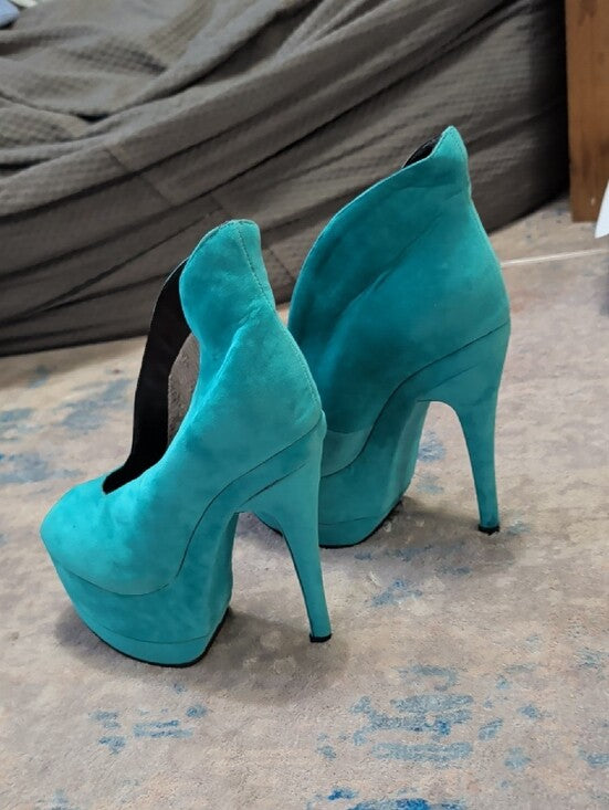 FSJ Shoes Teal Vegan Suede Keyhole Stiletto Heel Platform Pumps for Women