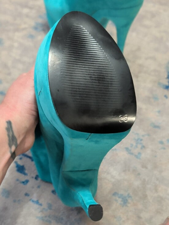 FSJ Shoes Teal Vegan Suede Keyhole Stiletto Heel Platform Pumps for Women
