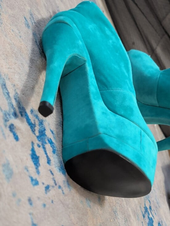 FSJ Shoes Teal Vegan Suede Keyhole Stiletto Heel Platform Pumps for Women
