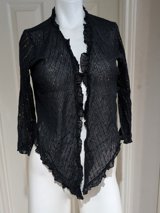 Authentic VTG Juicy Couture Black Cardigan w/ Gold Metallic Stripes Ruffle Trim Women's L
