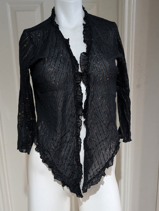 Authentic VTG Juicy Couture Black Cardigan w/ Gold Metallic Stripes Ruffle Trim Women's L