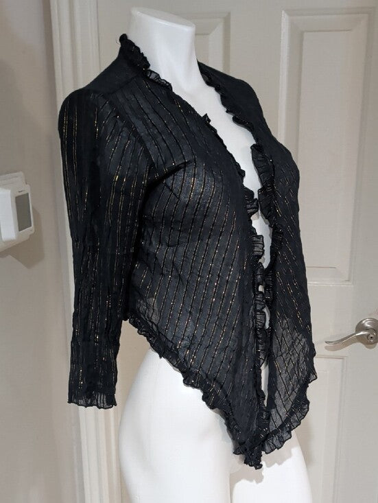 Authentic VTG Juicy Couture Black Cardigan w/ Gold Metallic Stripes Ruffle Trim Women's L
