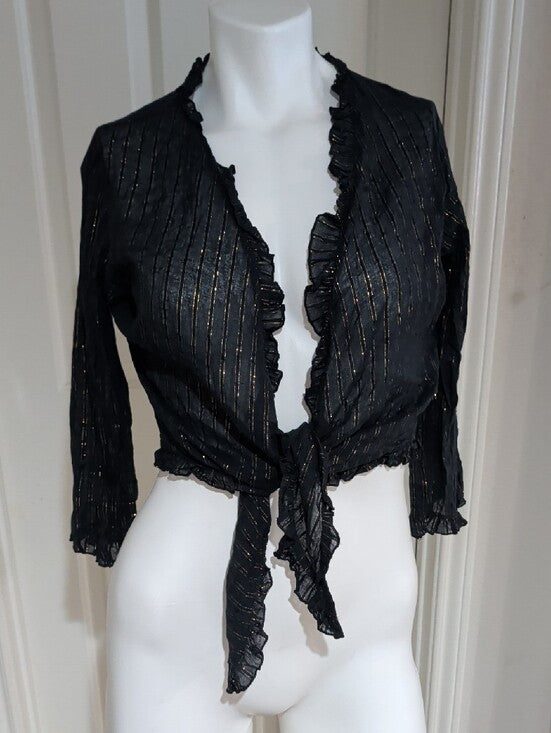 Authentic VTG Juicy Couture Black Cardigan w/ Gold Metallic Stripes Ruffle Trim Women's L
