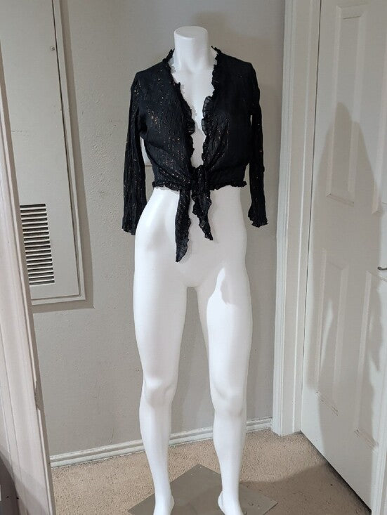 Authentic VTG Juicy Couture Black Cardigan w/ Gold Metallic Stripes Ruffle Trim Women's L