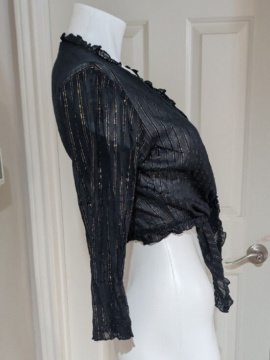 Authentic VTG Juicy Couture Black Cardigan w/ Gold Metallic Stripes Ruffle Trim Women's L