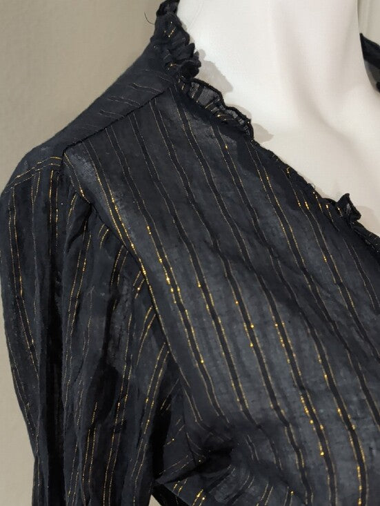 Authentic VTG Juicy Couture Black Cardigan w/ Gold Metallic Stripes Ruffle Trim Women's L