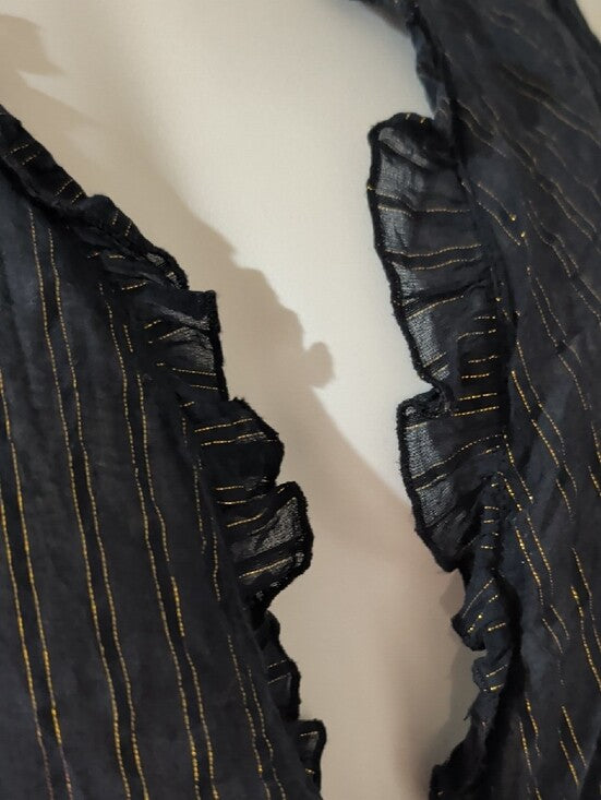 Authentic VTG Juicy Couture Black Cardigan w/ Gold Metallic Stripes Ruffle Trim Women's L