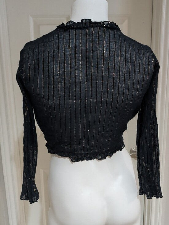 Authentic VTG Juicy Couture Black Cardigan w/ Gold Metallic Stripes Ruffle Trim Women's L