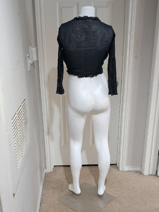 Authentic VTG Juicy Couture Black Cardigan w/ Gold Metallic Stripes Ruffle Trim Women's L