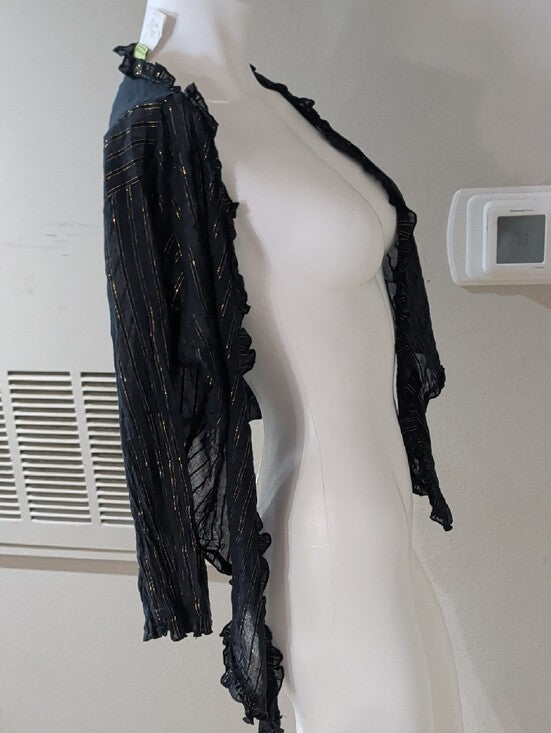 Authentic VTG Juicy Couture Black Cardigan w/ Gold Metallic Stripes Ruffle Trim Women's L