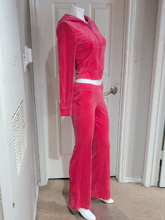 Juicy Couture Pink Velour Zip Hoodie and Wide-Leg Joggers Set Women's Small