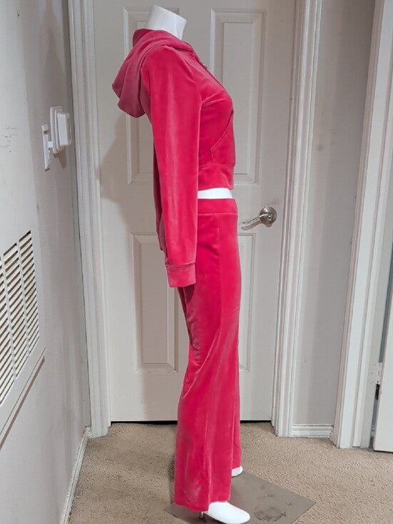 Juicy Couture Pink Velour Zip Hoodie and Wide-Leg Joggers Set Women's Small
