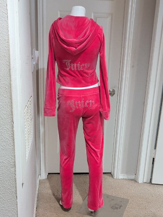 Juicy Couture Pink Velour Zip Hoodie and Wide-Leg Joggers Set Women's Small