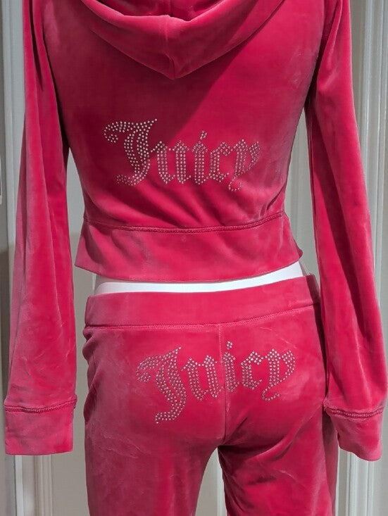 Juicy Couture Pink Velour Zip Hoodie and Wide-Leg Joggers Set Women's Small