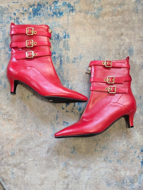 Women's Red Pointed-Toe Ankle Boots with Gold Buckles Retro 12 US/ 43 EUR