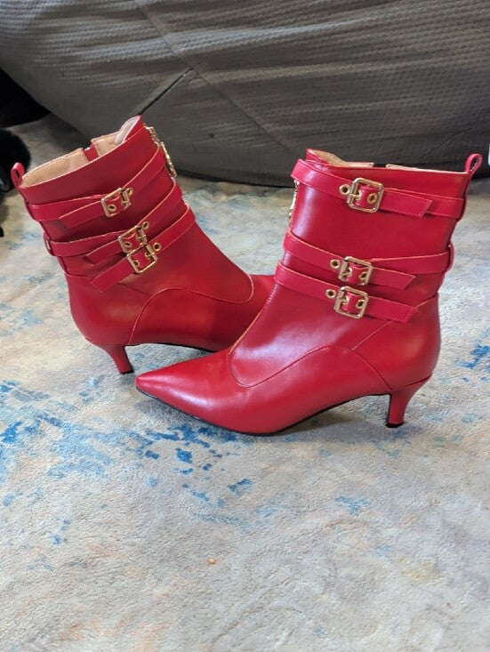Women's Red Pointed-Toe Ankle Boots with Gold Buckles Retro 12 US/ 43 EUR