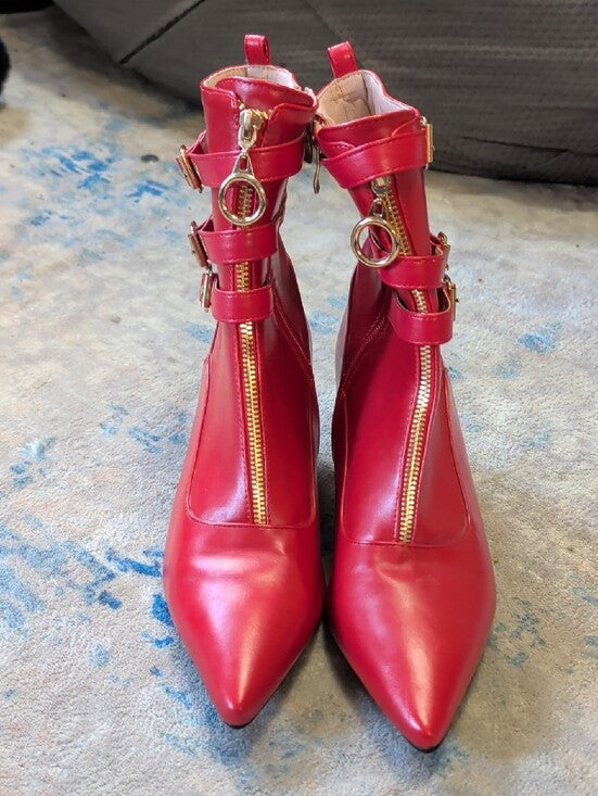 Women's Red Pointed-Toe Ankle Boots with Gold Buckles Retro 12 US/ 43 EUR
