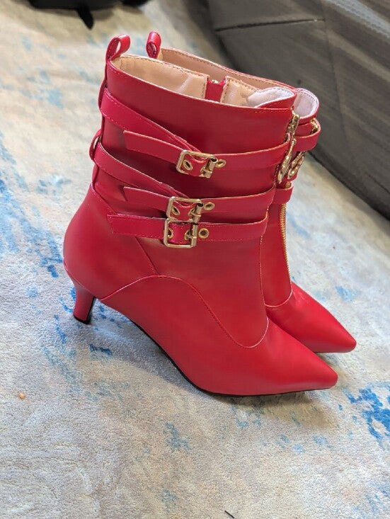Women's Red Pointed-Toe Ankle Boots with Gold Buckles Retro 12 US/ 43 EUR