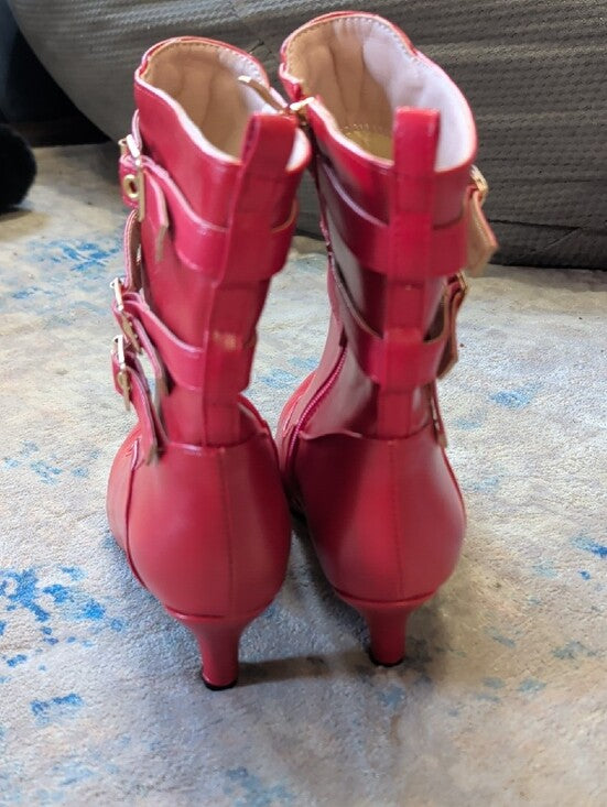 Women's Red Pointed-Toe Ankle Boots with Gold Buckles Retro 12 US/ 43 EUR