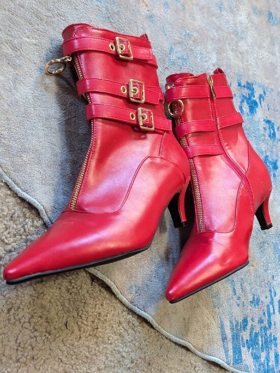 Women's Red Pointed-Toe Ankle Boots with Gold Buckles Retro 12 US/ 43 EUR