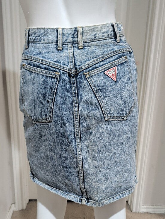 1986 Guess By Georges Merciano Acid-Wash Light Blue Denim Mini Skirt Vintage Women's 29