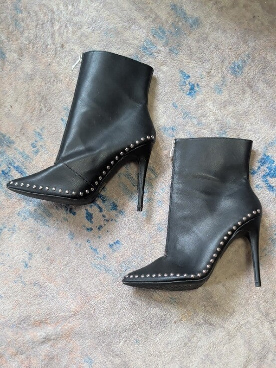 Women's Black Studded Pointed-Toe Stiletto Ankle Boots Sz 9
