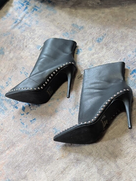 Women's Black Studded Pointed-Toe Stiletto Ankle Boots Sz 9