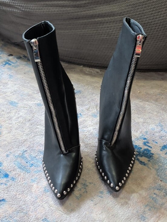 Women's Black Studded Pointed-Toe Stiletto Ankle Boots Sz 9