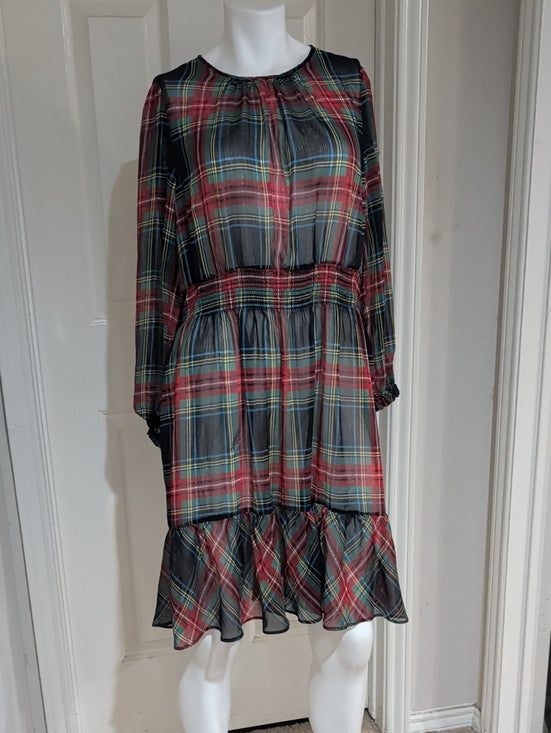 J. Crew Plaid Long-Sleeve Sheer Tiered Midi Dress in Red, Green & Blue Size XL