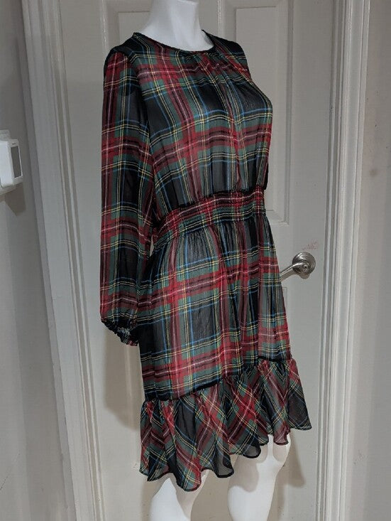 J. Crew Plaid Long-Sleeve Sheer Tiered Midi Dress in Red, Green & Blue Size XL