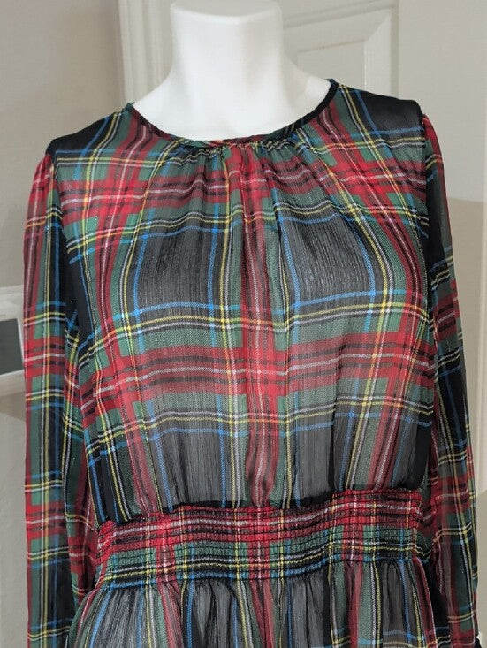 J. Crew Plaid Long-Sleeve Sheer Tiered Midi Dress in Red, Green & Blue Size XL