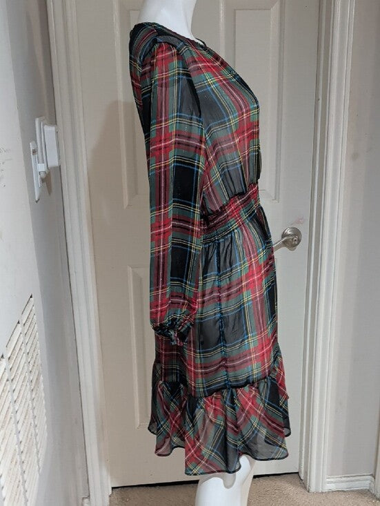 J. Crew Plaid Long-Sleeve Sheer Tiered Midi Dress in Red, Green & Blue Size XL