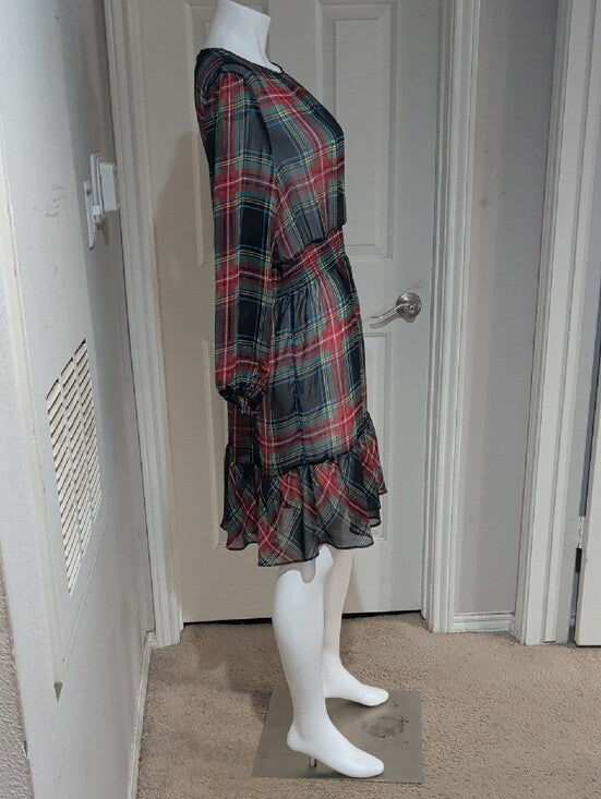 J. Crew Plaid Long-Sleeve Sheer Tiered Midi Dress in Red, Green & Blue Size XL