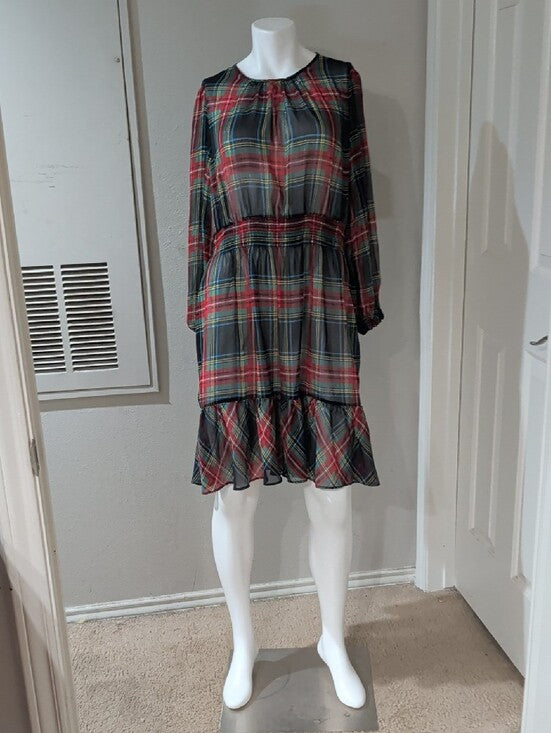 J. Crew Plaid Long-Sleeve Sheer Tiered Midi Dress in Red, Green & Blue Size XL